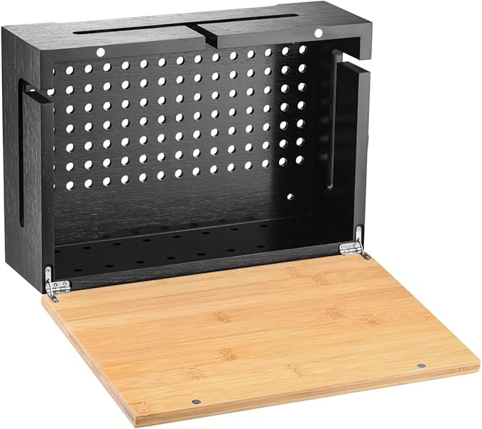 Bamboo Cable Management Box with Magnetic Lid & Ties - Elegant, Durable Cable Organizer to Hide Cords & Power Strip - Wall Mountable Box Hider for Home, Office, Desk & More (Black)