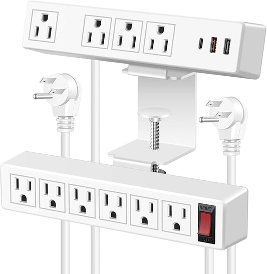 Dual Layer Desk Clamp Power Strip, 20W Desktop Edge Mount Charging Station with 10 Outlets 3 USB Ports, Under Desk Surge Protector, 6.5 Ft Extension Cord for Office Home