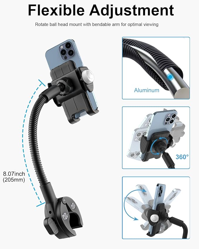 woleyi Gooseneck Phone Mount for Treadmill, Spin Bike Phone Holder Handlebar Clamp for Exercise Bike Peloton, Stationary Indoor Cycling, Stroller, for iPhone 16 Pro Max/15/14/13/12/11, 4-7" Smartphone