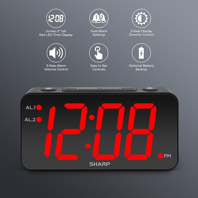 Sharp Digital Alarm Clock with Jumbo Numbers, Easy to See Large Numbers from Across Room with Simple Operation, Battery Back-up, Black Case with Red LED Display