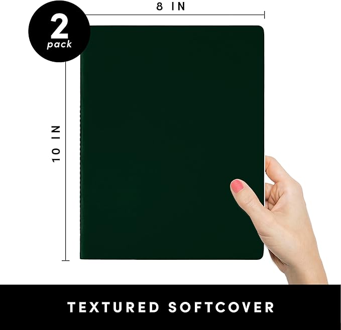 PAPERAGE Soft Cover Blank Journal Notebook, 2 Pack, (Dark Green), 100 Pages, Large 7.5 inches x 9.5 inches, Ideal for Sketch Book, Note Taking & Travel Journal