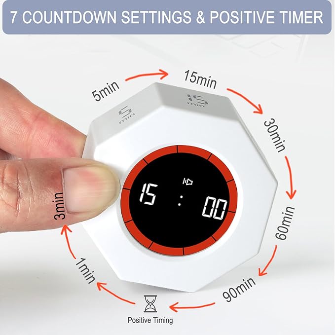 Octagon Digital Productivity Timer, Rotating Pomodoro Timer with Gravireceptor 1-3-5-15-30-60-90 Min Countdown, Mute&Adjustable Volume Countup/Down Timer for Study Office Kitchen Desk, White