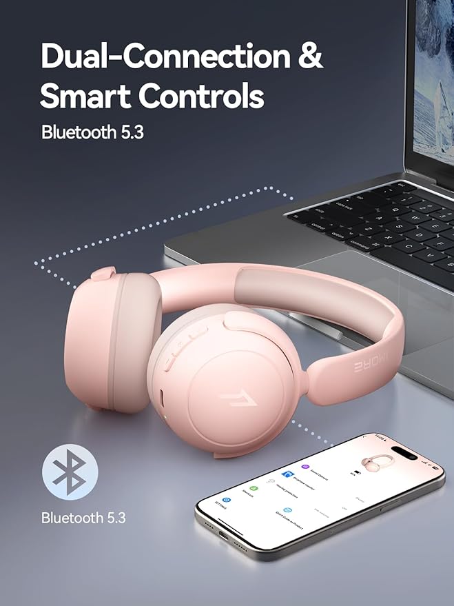1MORE HQ20 Wireless On-Ear Headphones with Microphone, 85dB Safe Volume, 65H Playtime, Lightweight Foldable Bluetooth Headphones for School/Travel, Android and iOS Compatible, Pink