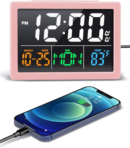 Digital Alarm Clock, with 5.5" Large LED Time Display, Adjustable Alarm Volume, 6 Level Brightness, Alarm Settings, USB Charger, Temperature Detect, Snooze, Clocks for Bedroom, Bedside, Desk, Pink