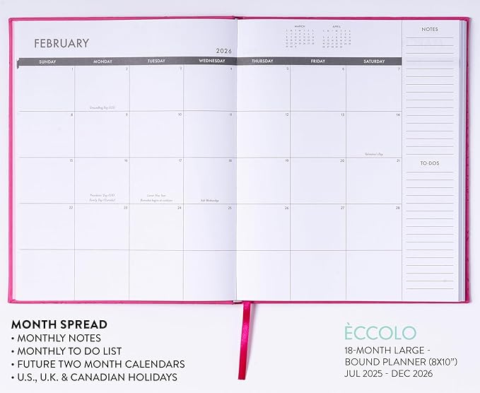 Eccolo 2025-2026 Large Agenda Planner, 18 Month, Yearly, Monthly & Weekly Pages, Habit & Gratitude Tracker (Hard Cover- 8 x 10")