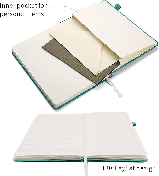 Deziliao Lined Journal Notebooks with Pen Loop, Hardcover Notebook Journal for Work, 100Gsm Premium Thick Paper with Inner Pocket, Medium 5.7"x8.4", （Cyan, Ruled）