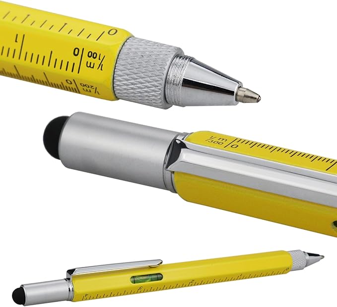 HeTaoCat Gifts Multi Tech Tool 6 in 1 Stylus Pen - Screwdriver With Ruler, Levelgauge, Ballpoint Black Ink (Yellow)