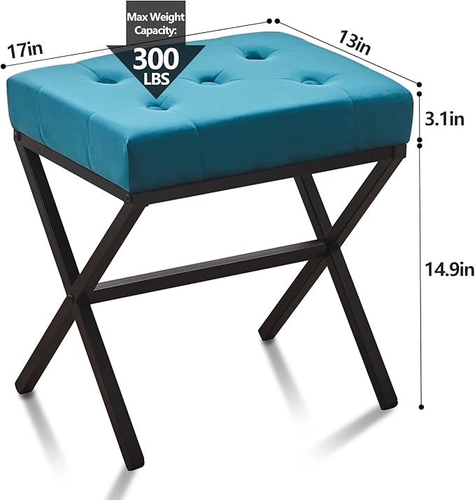 Wimarsbon Ottoman Foot Stool Tufted Vanity Stool Ottomans Thickened Cushion Footstool Mulifunctional Shoe Changing Seat Step Stools with Metal X Leg for Living Room Bedroom Velvet Teal