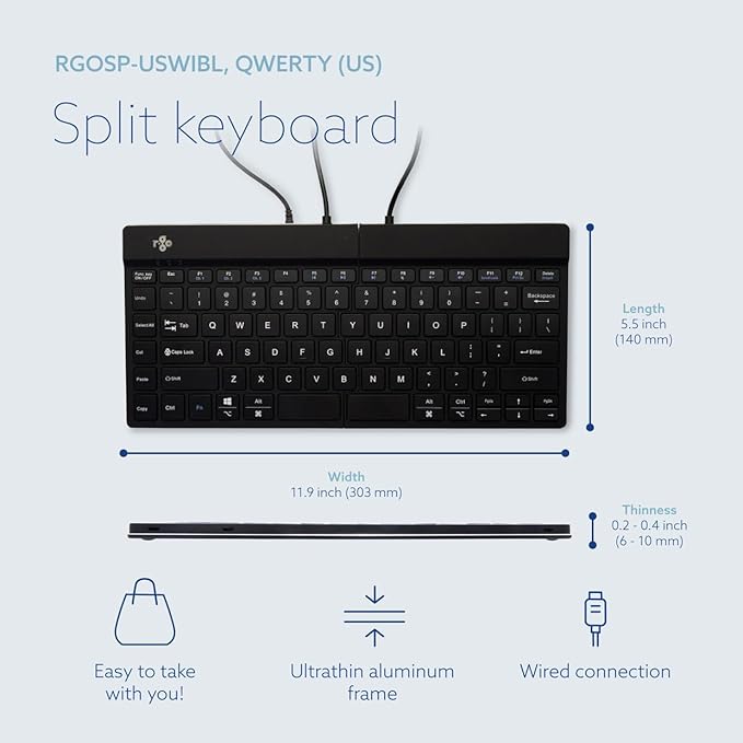 R-Go Split Keyboard, Scissors Mechanism, Anti Carpal Tunnel Keyboard, 2 Part Ergonomic Design with Break Software, Ultra-Thin, QWERTY (US) Layout, USB-C Wired, Compatible with Windows/MacOS, Black