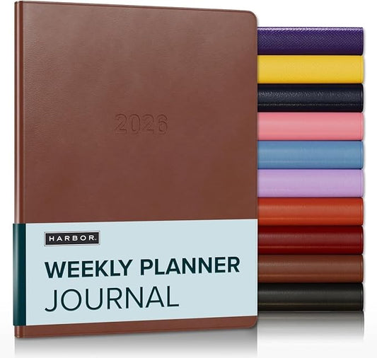 Harbor Weekly Journal Notebook Planner 2025-2026 - Lined, Durable Faux Leather, Softcover, 176 Quality Pages, For Men and Women, For Writing, Work & Travel, Cambridge Cognac - 9x7"