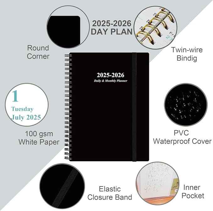 2025-2026 Daily & Monthly Planner - One Page Per Day, Daily Planner from July 2025 to June 2026, Planner 2025-2026 with 12 Monthly Tabs, 6.4" x 8.5", Black