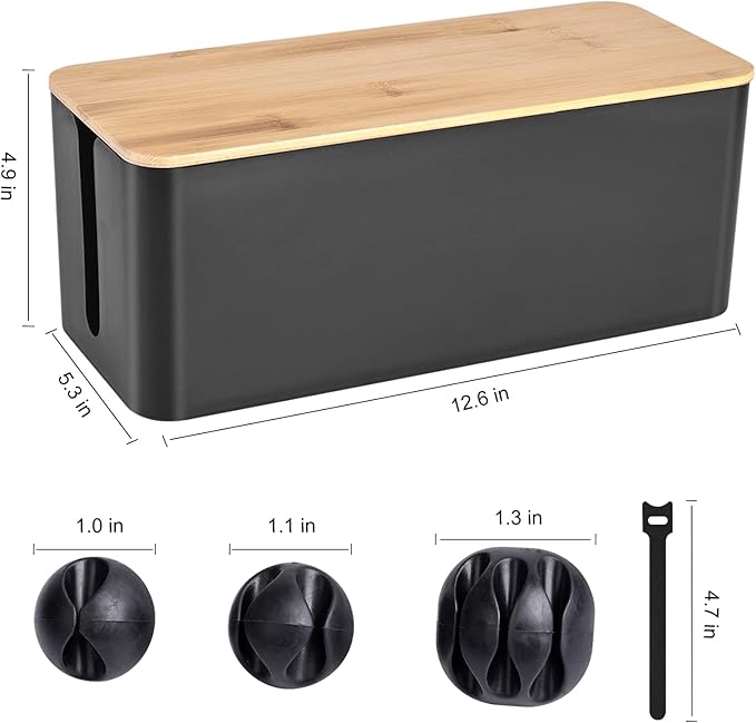 Cable Management Box - Wooden Style Cord Organizer Box to Hide Wires & Power Strips | Desk Computer Cable Organizer Box | Safe ABS Material | 12.6" (L) x 5.3" (W) 4.9" (H) | for Home & Office - Black