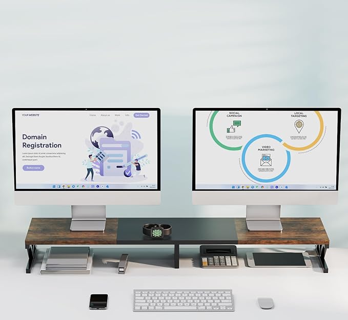 Dual Monitor Stand Riser, Large Wood Monitor Riser for 2 Monitors, Monitor Lift with Storage for Desk, Sturdy Wood&Steel Multi Screen Stand, Desktop Organizer Monitor Stand for Computer