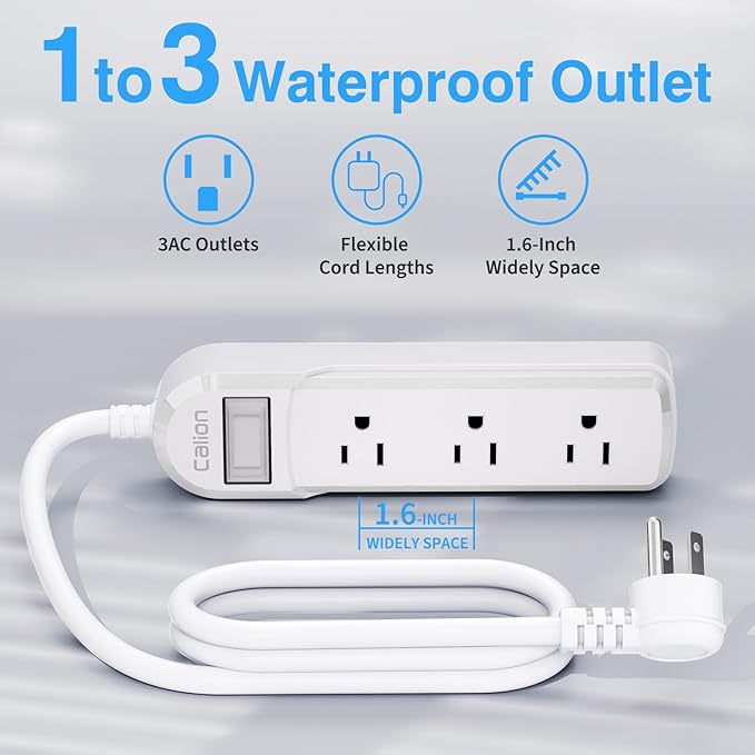Outdoor Power Strip Weatherproof, IPX6 Waterproof 6.6ft SJT Extension Cord with 3 Widely Outlets Overload Protection Shockproof, Christmas Light Flat Plug Extension Cord Outdoor Indoor