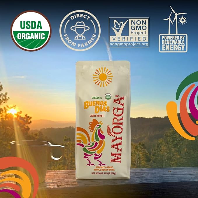 Mayorga Organic Coffee 5lb Buenos Dias - Light Roast Whole Bean Coffee Specialty Grade, 100% Arabica, Slow Roasted, Citrusy and Sweet Flavor with Low Acidity - USDA Organic, Non-GMO, Kosher