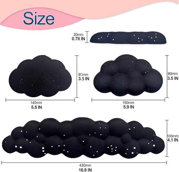 Cloud Wrist Rest Set for Keyboard and Mouse, Includes Cute Coaster, with Computers and Laptops (Black Star Set)