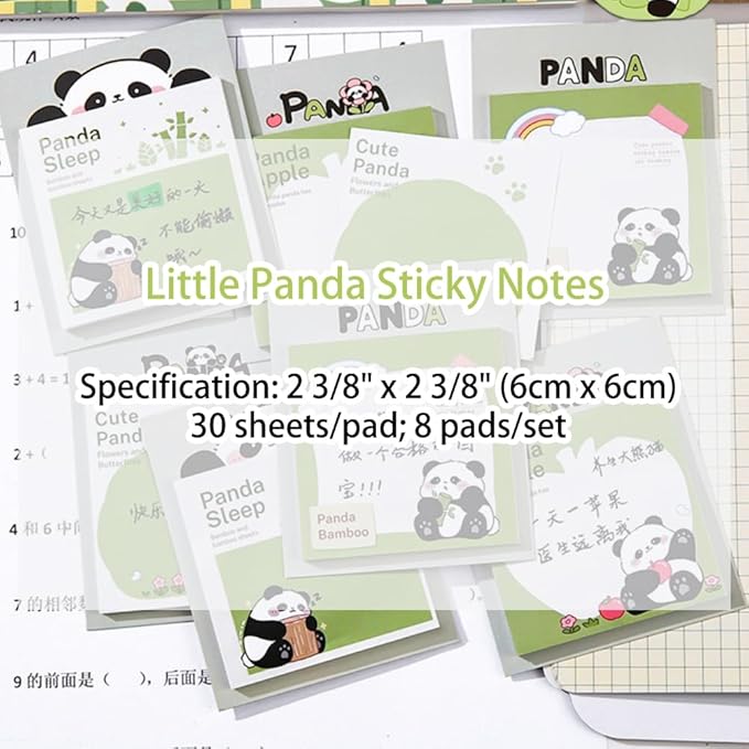 8 Pads Reusable Funny Panda Sticky Notes Set, 240 Sheets, for Office Home School