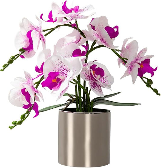 LESING Artificial Orchid Flower with Vase Realistic Orchids Faux Flower Fake Orchid Bonsai Plants in Pot Arrangement for Home Wedding Party Dining Table Centerpiece Decor (White Purple,Silver Vase)
