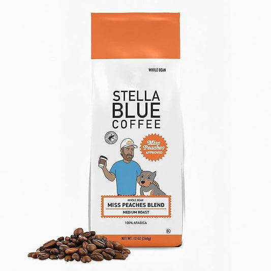 Stella Blue Whole Bean Coffee, Miss Peaches Blend, Medium Roast, Citrus, Caramel and Fruity Notes, 100% Arabica, Ethically Sourced from Central and South America, 12 oz bag