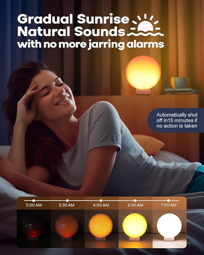 Dekala Sunrise Alarm Clock with Wireless Charger, White Noise Sound Machine, Night Light w/ 11 Light & 15 Sounds, Alarm Clocks for Bedrooms, Compatible with Apple Watch/Airpods/iPhone