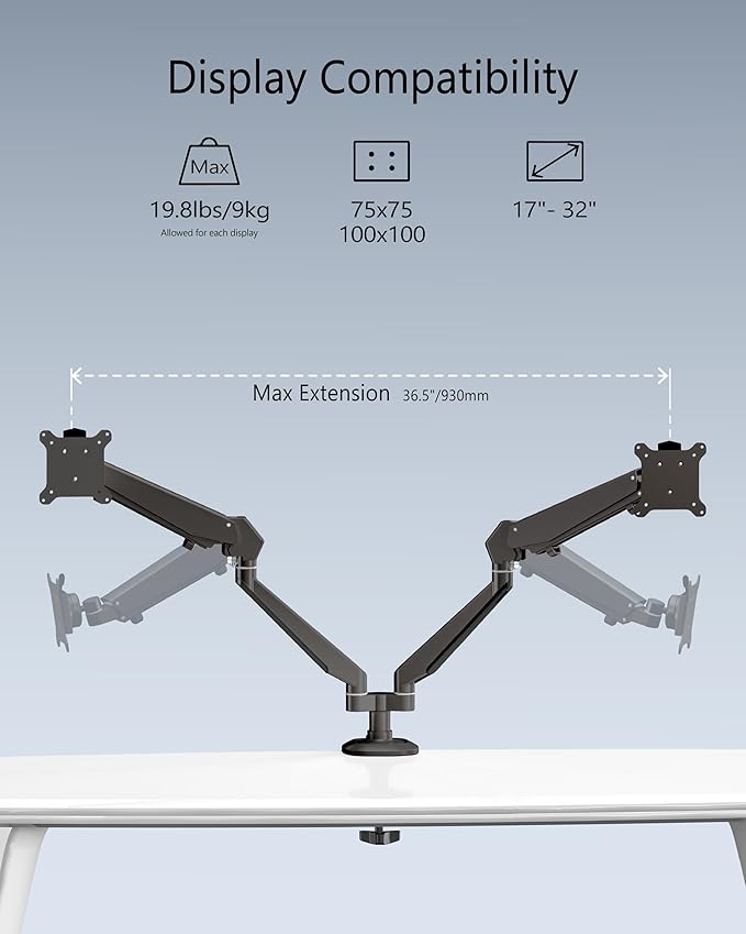 Dual Monitor Mount for 2 Screens up to 32 Inch and 19.8 lbs, Fully Adjustable Gas Spring Monitor Arm Desk Mount, Vesa Monitor Mount with C Clamp, Grommet Base, Aluminum, Black