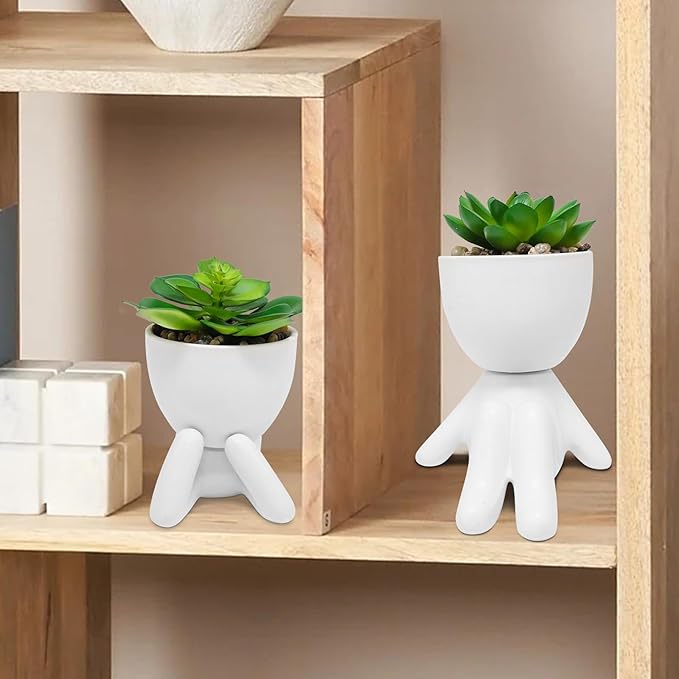 Zerzsy 2 PCS Small Fake Plants with Human-Shaped Pots Funny Room Decor Faux Plants Cute Desk Decor Fake Succulents Mini Plant Bathroom Decorations (Ceramic White)