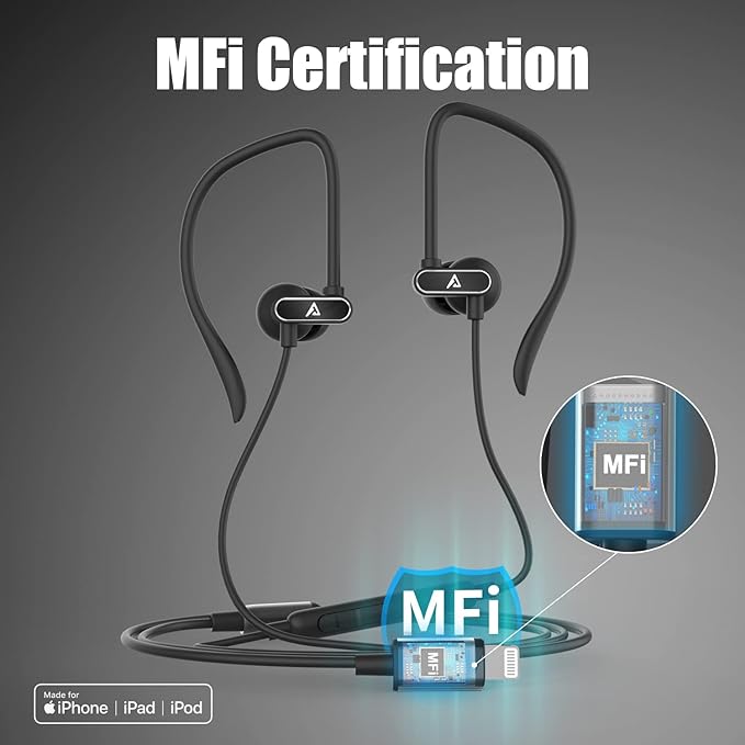 Lightning Earbuds with Ear-Hook Sports Earphones for iPhone 14/13/12/11 Pro Max/X/XS Max/XR - MFi Certified with Mic - Black
