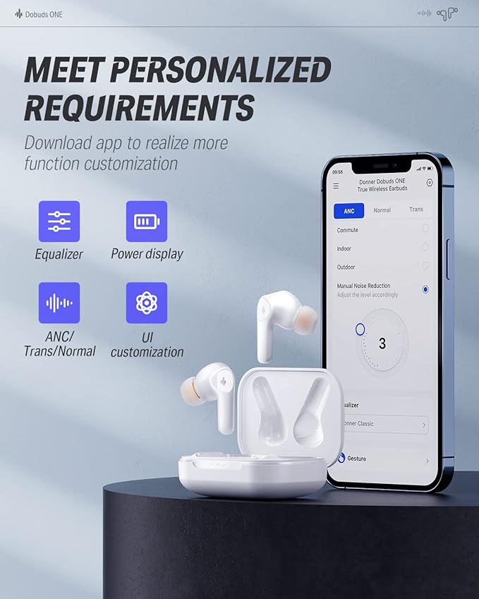 Donner Wireless Earbuds Noise Cancelling, Bluetooth 5.2 Earphones with 5 x EarTips, 4 Mic Clear Calls, 12mm Drivers, App for Custom EQ, 32H Playtime, Fast Charging, Transparency - Dobuds ONE,White