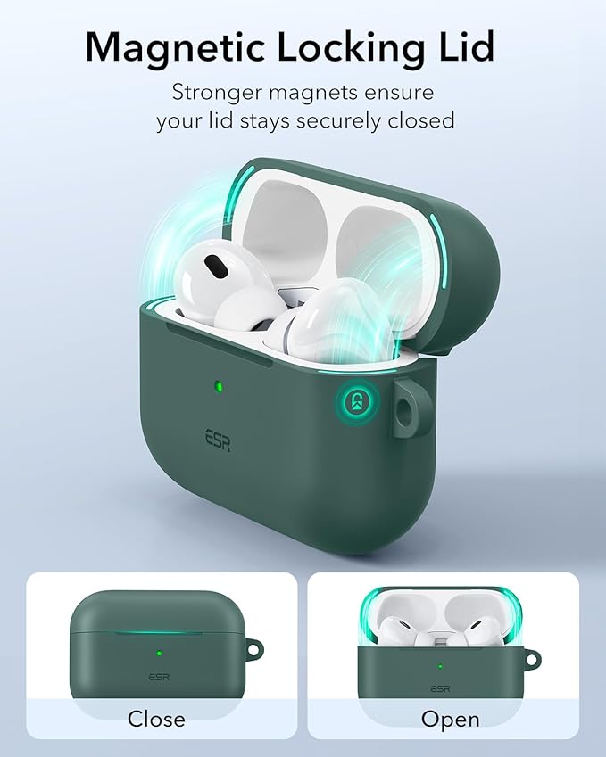ESR for AirPods Pro 2 Case, Compatible with Airpods Pro 2nd Generation Case (2023/2022/2019), Compatible with MagSafe, Magnetic Lid Lock, Full Drop Protection, Green