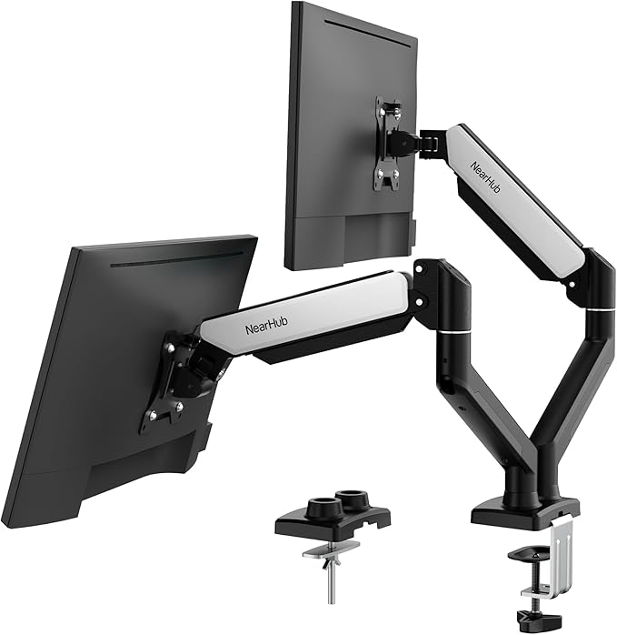 Dual Monitor Desk Mount for 13-32" Computer Screen,Adjustable Gas Spring Monitor Arm,Each Arm Holds 4.4 to 22 lbs,Swivel/Tilt/Rotation,VESA 75X75mm 100X100mm,C Clamp & Grommet Mounting Base