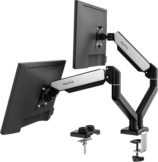 Dual Monitor Desk Mount for 13-32" Computer Screen,Adjustable Gas Spring Monitor Arm,Each Arm Holds 4.4 to 22 lbs,Swivel/Tilt/Rotation,VESA 75X75mm 100X100mm,C Clamp & Grommet Mounting Base