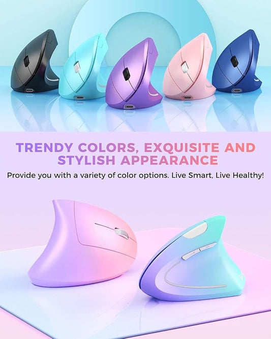 Lekvey Ergonomic Mouse, Vertical Wireless Mouse Rechargeable 2.4 GHz Optical Carpal Tunnel Mouse : 800/1200 / 1600 DPI, 6 Buttons, for Laptop, PC, Computer, Desktop, Notebook etc, Pink to Purple