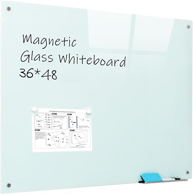 Magnetic Dry Erase Glass WhiteBoard - Frameless Wall Mounted Glass White Board for School Teaching Office Meeting 36"x48"