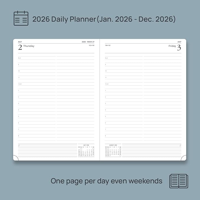 POPRUN 2026 Daily Planner One Page Per Day Even Weekends A4 Large Size (8.5" x 12") - 12 Months Calendar Hourly Appointment Book with Inner Pocket, Pen Holder, Hardcover - Haze Blue