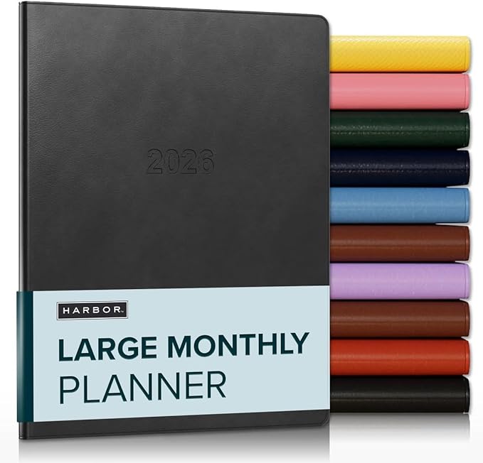 Harbor Large Monthly Planner 2025-2026, Calendar Planner and Notebook, Durable Faux Leather, 14 Months, 96 Pages, Softcover & Lightweight - Cambridge Black - 9.75x7.5"