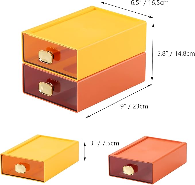 Spacious Desk Drawers, Stackable Desktop Organizer, Plastic Storage Box for Office, School & Home Supplies (2 Middle Drawers, OG & YE)