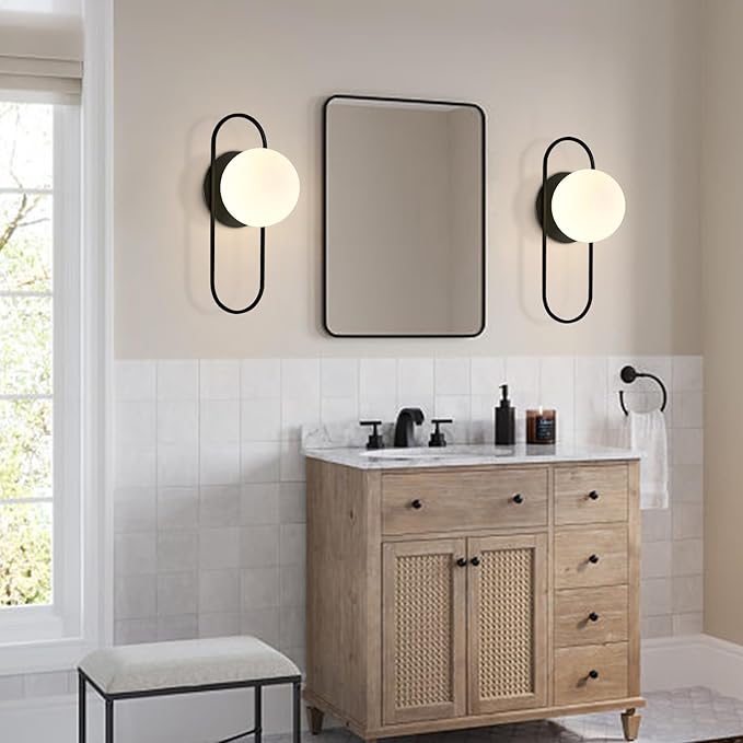 Black Glass Globe Wall Sconce Set of Two Frosted Globe Wall Light Mid Century Modern Wall Sconce Oval Wall Lamp for Bedroom Bedside Bathroom