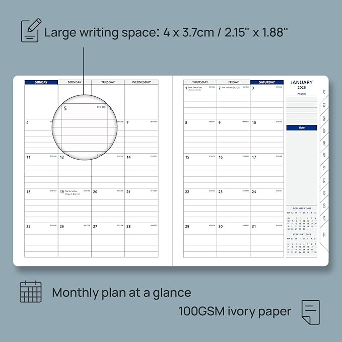 POPRUN 2026 Weekly Planner (Medium 7'' x 8.5''), 30-Minute Hourly Appointment Book (Jan 2026-Dec 2026) with Monthly Tabs, Inner Pockets, Pen Holder, PU Leather Softcover, 100GSM - Brown