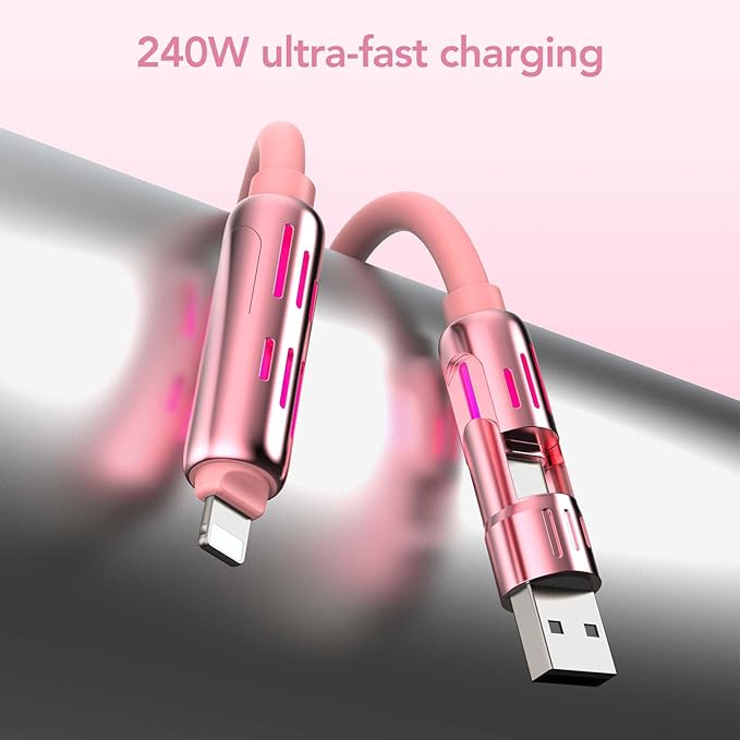 MFish 4-in-1 Universal USB Charging Cable with Carrying Case – 240W Max Fast Charger Cord, USB-A, Dual USB-C & Lighting, for iPhone 14/15/16/17 Series, iPad & MacBook and More (Pink, 6.6Ft)