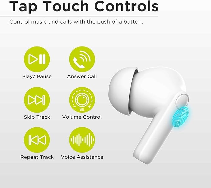 PureGear PureBoom Wireless Earbuds for Enhanced Sound, Touch Control Stereo Headphones in Ear Built-in Mic for iPhone/Android Phones/TV/Laptops, More Devices (White) Lifetime Replacement Coverage