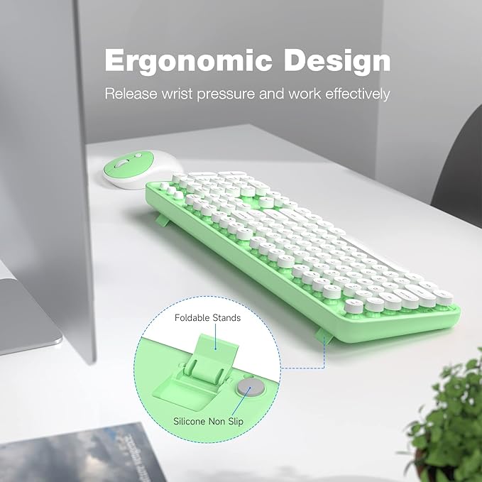 KNOWSQT Wireless Keyboard and Mouse Combo - White-Green Full-Sized 2.4 GHz 104 Keys Typewriter Cute Keyboard, Round Keycap and Optical Mouse for Windows, Computer, PC, Laptop, Desktop