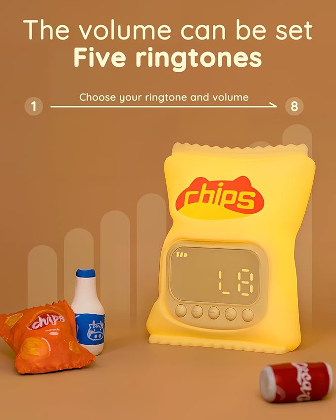 Chips Alarm Clock with Night Light for Kids, Cute Toddler Alarm Clocks for Bedrooms Ok to Wake Clocks for Girls and Boys, Rechargeable Silicone Animal Tabletop Lamp for Kid