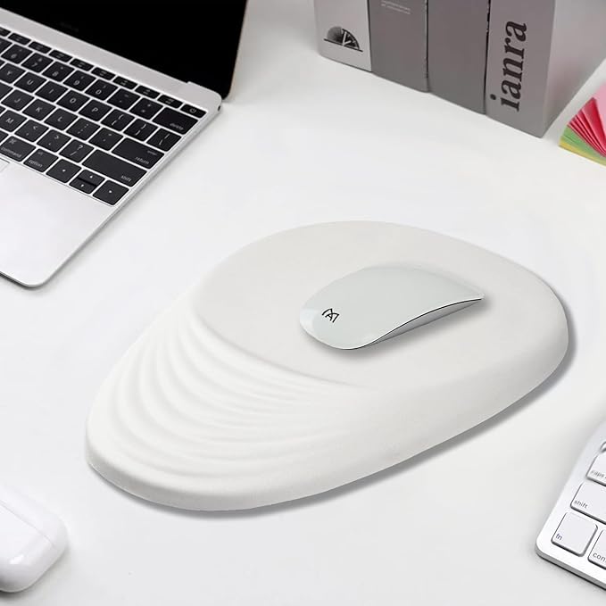 Ergonomic Mouse Pad Wrist Support, White Mouse Pad with Wrist Rest, Entire Memory Foam & Non-Slip PU Base MousePads with Massage Design for Pain Relief, Desk, Office, 12" x 8" x 1.2" Inch