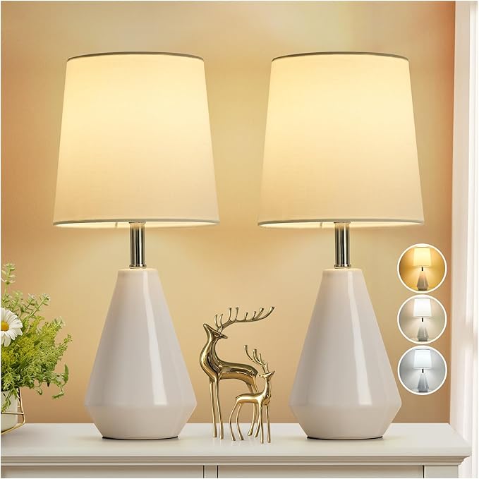 Small Bedside Table Lamp for Bedroom-Reading Desk Lamp Set of 2,with 3 Color Temperatures,15.5" Nightstand Ceramic Lamp with Fabric Shade for Kids Room,Living Room,Dorm,Home Office(White)
