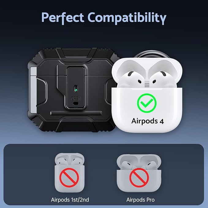 DASFOND Armor Earphone Cover Case for Airpods 4 Generation, Military Grade Full Body Shockproof Protection Hard Case, Support Wireless Charging with Keychain, Magnetic Lid, Front LED Visible, Black