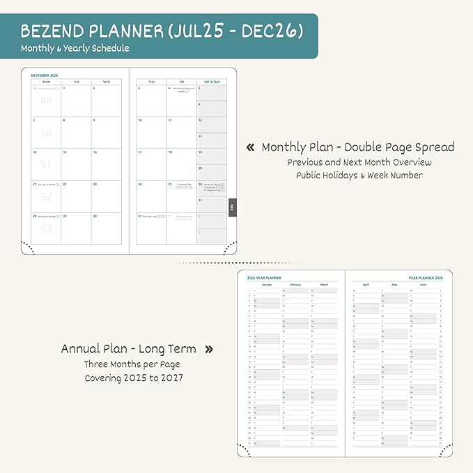 BEZEND Pocket Planner 2025-2026 Weekly and Monthly, 3.5" x 6" Academic Planner (Jul 25-Dec 26) 18-Month Mid-Year Calendar Book, Storage Pocket, Pen Holder, PU Leather Hardcover - Blueberry