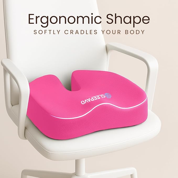 Sleepavo Pink Memory Foam Seat Cushion for Office Chair - Pillow for Sciatica, Coccyx, Back, Tailbone & Lower Back Pain Relief - Orthopedic Chair Pad for Lumbar Support in Office Desk, Car, Airplane