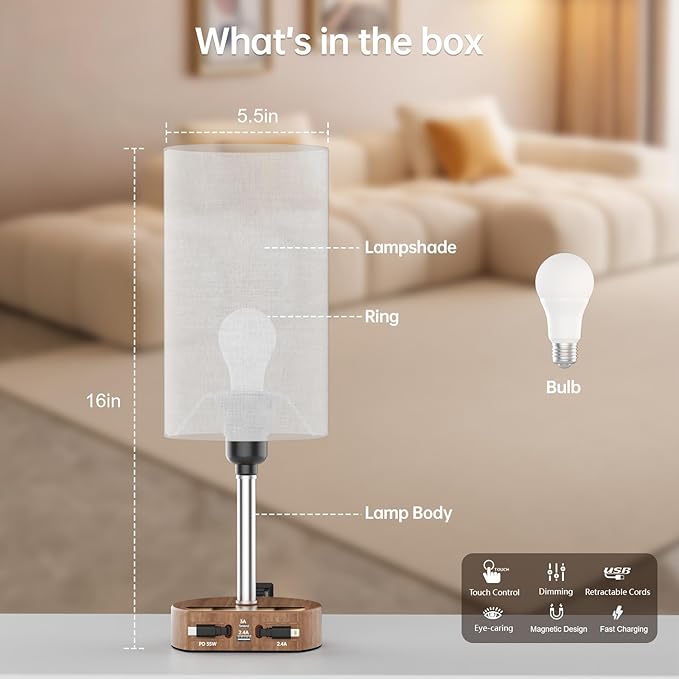 Bedside Lamp with Retractable Charging Cords, 74W Fast Charging Nightstand Lamp, 3-Way Dimmable Touch Lamp with LED Bulb, 4 in 1 Charging Station for iPhone, iPad, Desk, Office