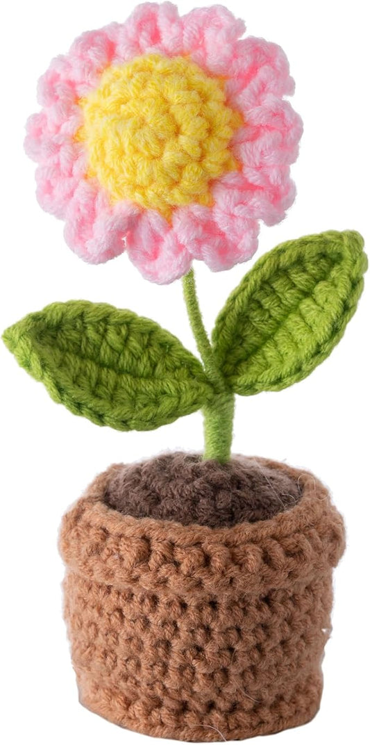 Handmade Crochet Flowers, Small Potted Plants, Knitted Desk Decorations for Home Office Decor, 5 Inches Pink Artificial Flower (Sunflower)
