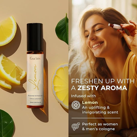 Gya Labs Lemon Essential Oil Roll on for Skin - Refreshing Lemon Perfume Oil for Women & Men, 100% Pure Natural, Aromatherapy, Travel Size (0.34 Fl Oz)